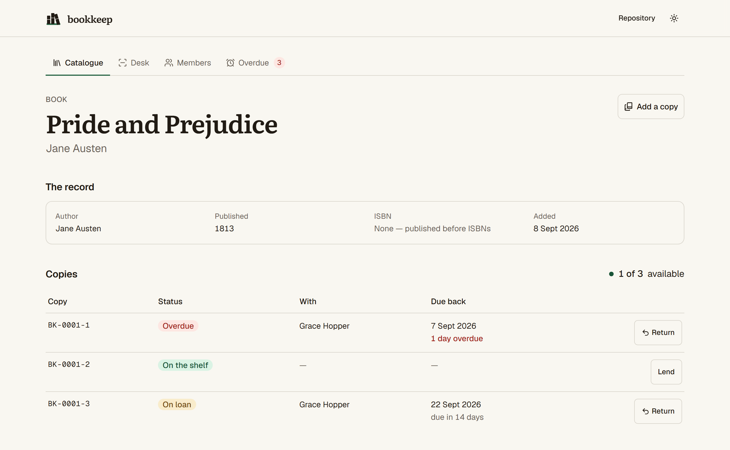 The record for Pride and Prejudice: author, year, a missing ISBN, then three copies — one overdue, one on the shelf with a Lend button, one on loan and due back in fourteen days.