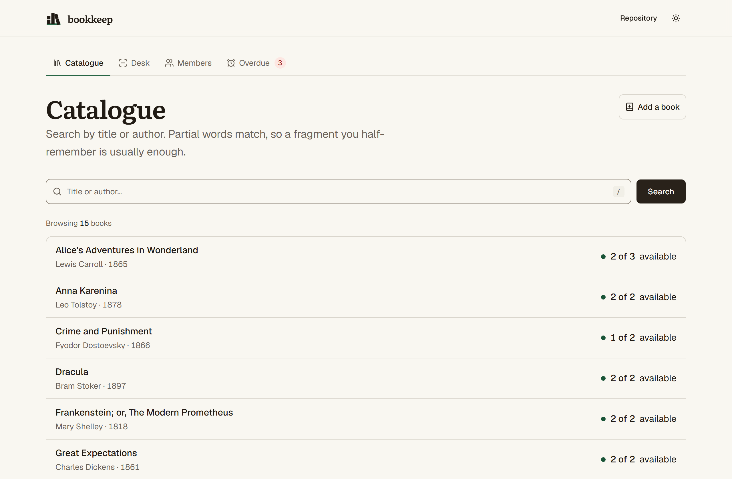 The catalogue screen: a search field, then a list of fifteen books, each row showing the author, the year, and how many copies are available.