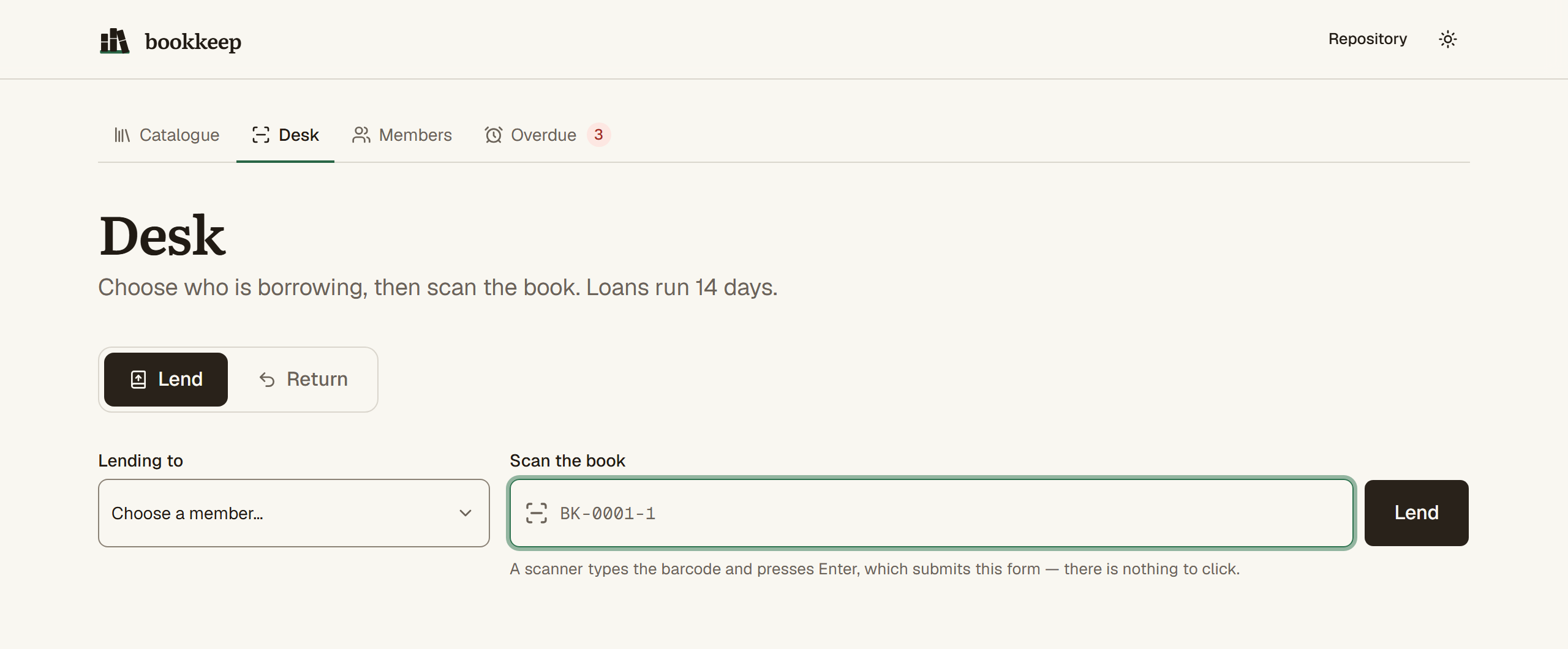The desk screen in dark mode: a Lend and Return toggle, a member picker, and a barcode field with the hint that a scanner types the barcode and presses Enter.